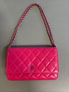CHANEL Pink Lambskin Classic Quilted Wallet On a Chain